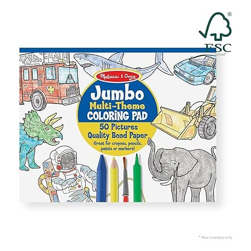  Melissa & Doug Jumbo 50-Page Kids' Coloring Pads 3-Pack - Animals, Vehicles, and Multi-Themed - FSC Certified