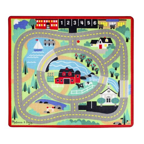  Melissa & Doug Round the Town Road Rug & Car Set (Cars & Trucks, Safe for All Floors, 4 Wooden Cars, 36” W x 39L)