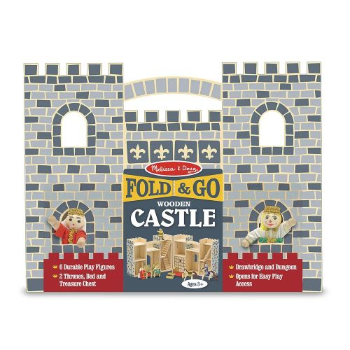  Melissa & Doug Fold & Go Wooden Castle (Pretend Play Gray Dollhouse With Wooden Play Figures, Horses, Furniture, 12 Pieces)