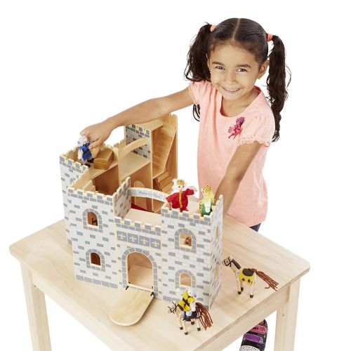  Melissa & Doug Fold & Go Wooden Castle (Pretend Play Gray Dollhouse With Wooden Play Figures, Horses, Furniture, 12 Pieces)