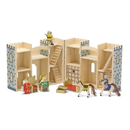  Melissa & Doug Fold & Go Wooden Castle (Pretend Play Gray Dollhouse With Wooden Play Figures, Horses, Furniture, 12 Pieces)