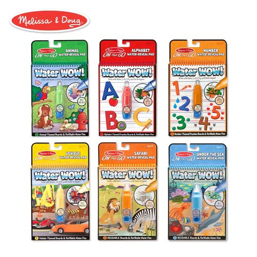  Melissa & Doug On the Go Water Wow! Reusable Travel Activity Pad 6-Pack (Alphabet, Number, Safari, Vehicle, Animal, Under the Sea, Refillable Water Pen, Reusable Pages)