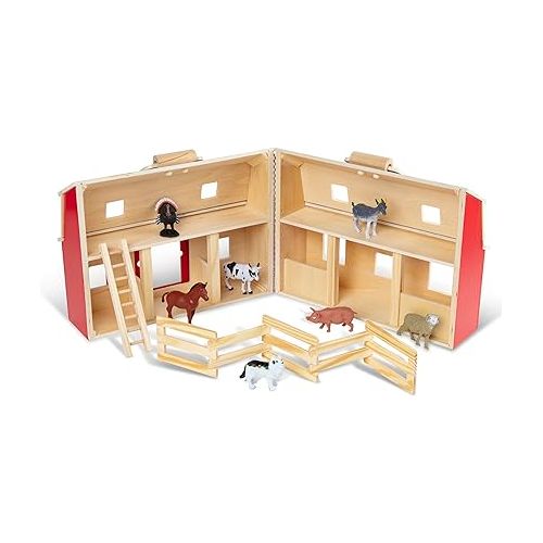  Melissa & Doug Fold and Go Wooden Barn With 7 Animal Play Figures - Farm Animals Portable Toys For Kids And Toddlers Ages 3+