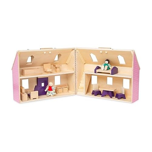  Melissa & Doug Fold and Go Wooden Dollhouse With 2 Dolls and Wooden Furniture,Multi,One Size