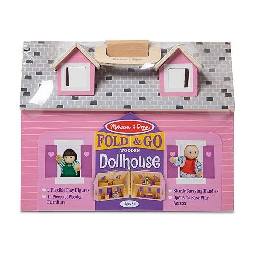  Melissa & Doug Fold and Go Wooden Dollhouse With 2 Dolls and Wooden Furniture,Multi,One Size