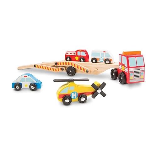  Melissa & Doug Wooden Emergency Vehicle Carrier Truck With 1 Truck and 4 Rescue Vehicles