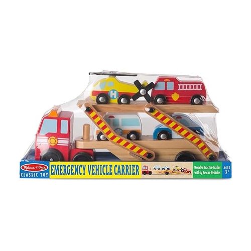  Melissa & Doug Wooden Emergency Vehicle Carrier Truck With 1 Truck and 4 Rescue Vehicles