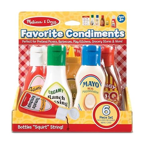  Melissa & Doug 5-Piece Favorite Condiments Play Food Set - Play Ketchup and Mustard Bottles, Pretend Play Food Set For Kids Ages 3+