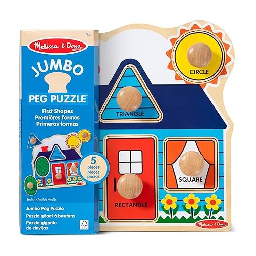  Melissa & Doug First Shapes Jumbo Knob Wooden Puzzle - Wooden Peg Chunky Baby Puzzle, Preschool Learning Shapes Knob Puzzle Board For Toddlers Ages 1+