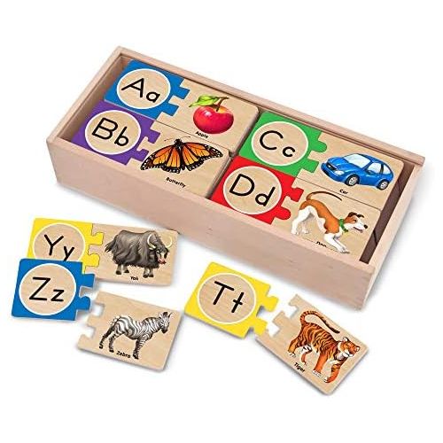  [아마존베스트]Melissa & Doug Self-Correcting Alphabet Letter Puzzles, Developmental Toys, Wooden Storage Box, Detailed Pictures, 52 Pieces, 3″ H × 13.75″ W × 5.75″ L