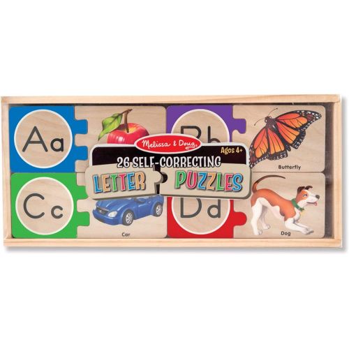  [아마존베스트]Melissa & Doug Self-Correcting Alphabet Letter Puzzles, Developmental Toys, Wooden Storage Box, Detailed Pictures, 52 Pieces, 3″ H × 13.75″ W × 5.75″ L