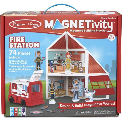  Melissa & Doug Magnetivity Magnetic Tiles Building Play Set  Fire Station with Fire Truck Vehicle (74 Pieces, STEM Toy)