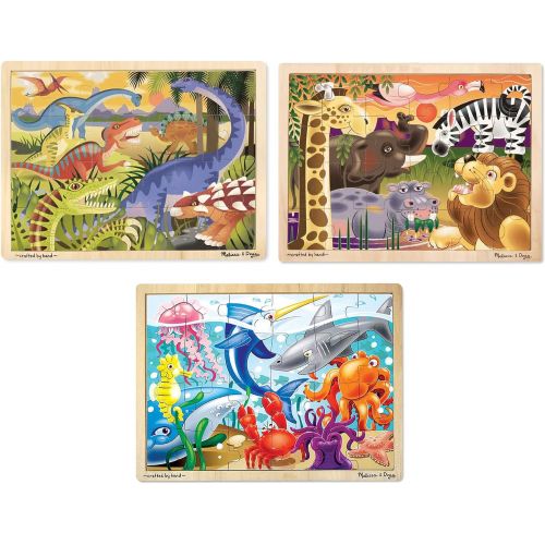  Melissa & Doug 24 Piece Wooden Jigsaw Puzzle Dinosaur, Safari & Ocean Puzzle (3 Pack)