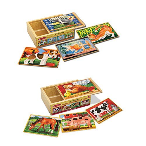  Melissa & Doug Animals 4-in-1 Wooden Jigsaw Puzzles Set - Pets and Farm