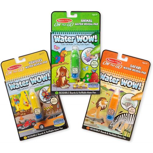  Melissa & Doug On the Go Water Wow; Reusable Water-Reveal Activity Pads, 3-pk, Vehicles, Animals, Safari