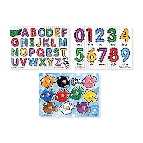  Melissa & Doug Classic Wooden Peg Puzzles (Set of 3) - Numbers, Alphabet, and Colors