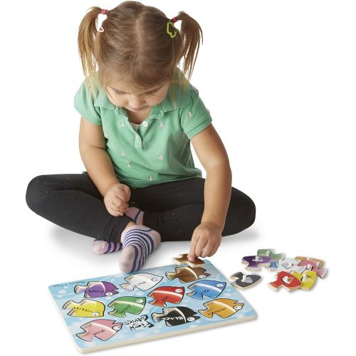  Melissa & Doug Classic Wooden Peg Puzzles (Set of 3) - Numbers, Alphabet, and Colors