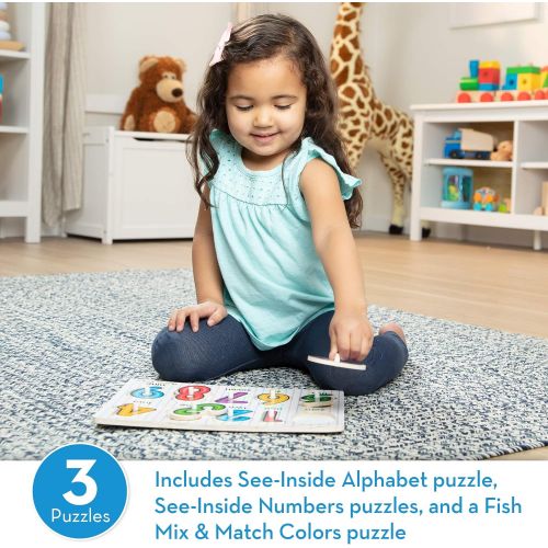  Melissa & Doug Classic Wooden Peg Puzzles (Set of 3) - Numbers, Alphabet, and Colors