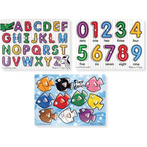  Melissa & Doug Classic Wooden Peg Puzzles (Set of 3) - Numbers, Alphabet, and Colors