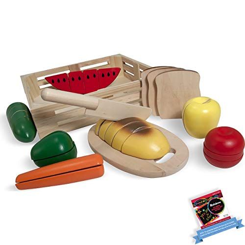  Melissa & Doug Cutting Food Set: Wooden Play Food Set + Free Scratch Art Mini-Pad Bundle [04872]