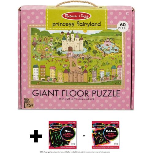  Melissa & Doug Princess Fairyland: Natural Play Giant x Floor Puzzle & 1 Melissa & Doug Scratch Art Mini-Pad Bundle (31372)