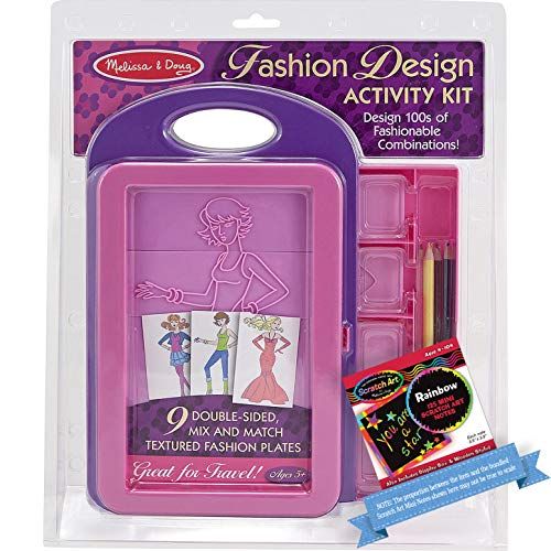  Melissa & Doug Fashion Design Activity Kit w/ 9 Double Sided Textured Fashion Plates & 1 Scratch Art Mini-Pad Bundle (04312)