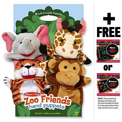  Zoo Friends 4-Piece Hand Puppets Gift Set + FREE Melissa & Doug Scratch Art Mini-Pad Bundle