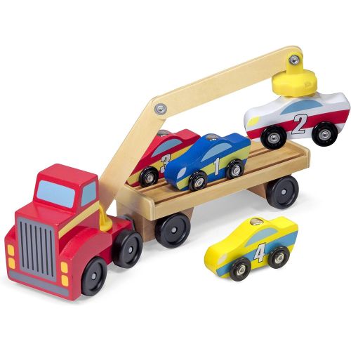  Melissa & Doug Magnetic Car Loader Wooden Toy Set with 4 Cars and 1 Semi-Trailer Truck