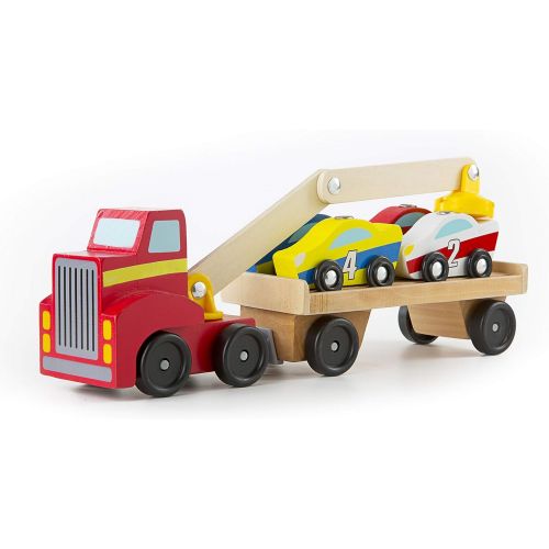  Melissa & Doug Magnetic Car Loader Wooden Toy Set with 4 Cars and 1 Semi-Trailer Truck