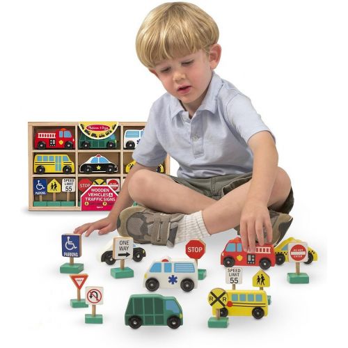  Melissa & Doug Wooden 6-Vehicle and 9-Traffic Signs Play Set & 1 Scratch Art Mini-Pad Bundle (03177)