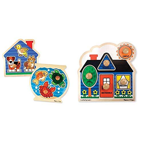  Melissa & Doug Animals Jumbo Knob Wooden Puzzles Set - Fish and Pets & First Shapes Jumbo Knob