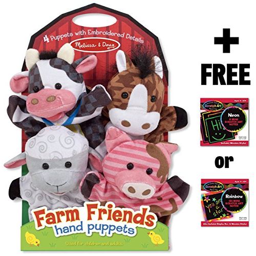  Farm Friends 4-Piece Hand Puppets Gift Set + FREE Melissa & Doug Scratch Art Mini-Pad Bundle