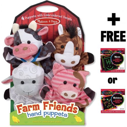  Farm Friends 4-Piece Hand Puppets Gift Set + FREE Melissa & Doug Scratch Art Mini-Pad Bundle