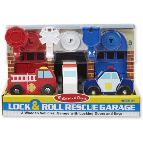  Melissa & Doug Lock and Roll Rescue Garage - 3 Wooden Vehicles, Garage With Locking Door and Keys