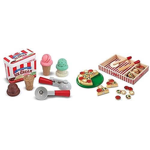  Melissa & Doug Scoop & Stack Ice Cream Cone Magnetic Pretend Play Set - The Original (Best for 3, 4, and 5 Year Olds) & Pizza Party Wooden Play Food (Best for 3, 4, and 5 Year Olds