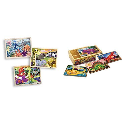  Melissa & Doug 3-Puzzle Wooden Jigsaw Set - Dinosaurs, Ocean, and Safari & Wooden Jigsaw Puzzles in a Box - Dinosaur