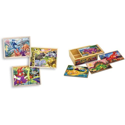  Melissa & Doug 3-Puzzle Wooden Jigsaw Set - Dinosaurs, Ocean, and Safari & Wooden Jigsaw Puzzles in a Box - Dinosaur