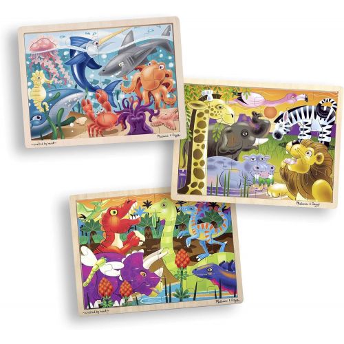  Melissa & Doug 3-Puzzle Wooden Jigsaw Set - Dinosaurs, Ocean, and Safari & Wooden Jigsaw Puzzles in a Box - Dinosaur