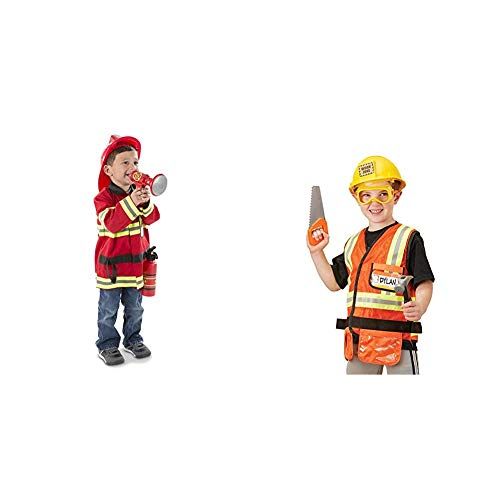  Melissa & Doug Fire Chief Role Play Costume Set & Construction Worker Role-Play Costume Set, Pretend Play, Fabrics, Machine-Washable, 17.5” H x 24” W x 1.75” L