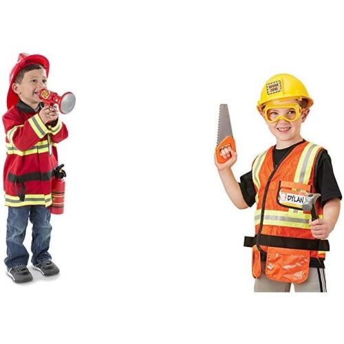  Melissa & Doug Fire Chief Role Play Costume Set & Construction Worker Role-Play Costume Set, Pretend Play, Fabrics, Machine-Washable, 17.5” H x 24” W x 1.75” L