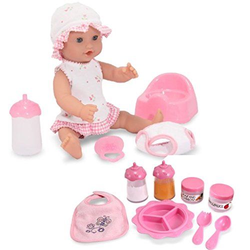  Melissa & Doug Bundle Includes 2 Items Mine to Love Annie 12-Inch Drink and Wet Poseable Baby Doll with Potty, Bottle, Pacifier, Diaper, Dress Mine to Love Time to Eat Doll