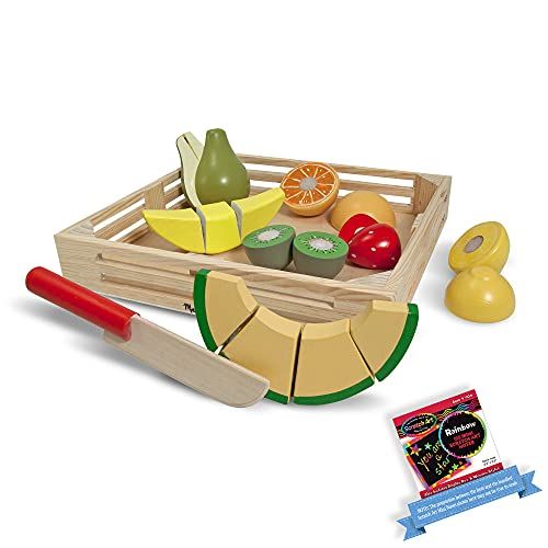  Cutting Fruit Set (18pcs): Wooden Play Food Set & 1 Melissa & Doug Scratch Art Mini-Pad Bundle (40211)