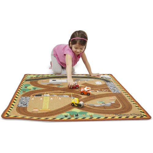  Melissa & Doug Round the Construction Zone Work Site Rug With 3 Wooden Trucks