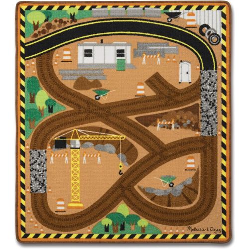  Melissa & Doug Round the Construction Zone Work Site Rug With 3 Wooden Trucks