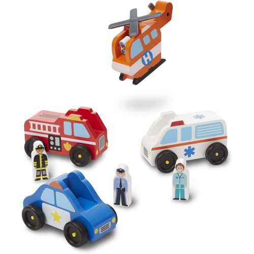 Melissa & Doug Emergency Vehicle Wooden Play Set With 4 Vehicles, 4 Play Figures