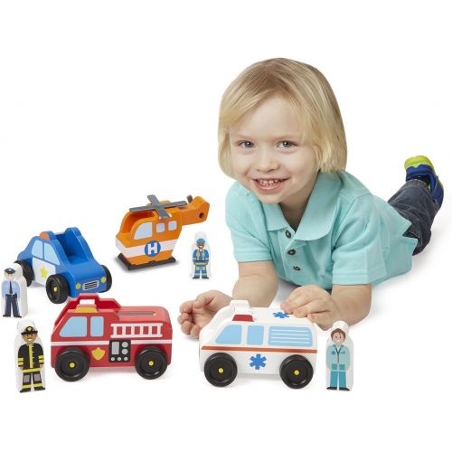  Melissa & Doug Emergency Vehicle Wooden Play Set With 4 Vehicles, 4 Play Figures