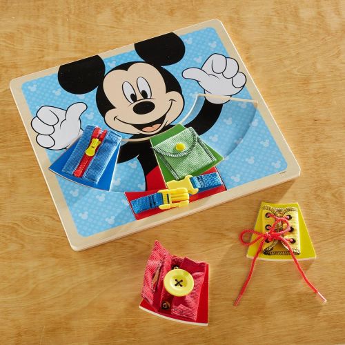  Melissa & Doug Mickey Mouse Wooden Basic Skills Board - Zip, Lace, Tie, Buckle, Button, and Snap