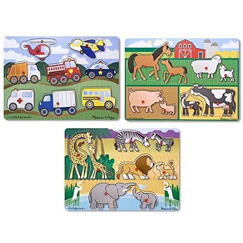  Melissa & Doug Wooden Peg Puzzles Set - Farm, Safari, and Vehicles