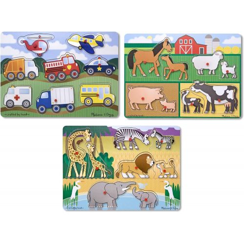  Melissa & Doug Wooden Peg Puzzles Set - Farm, Safari, and Vehicles