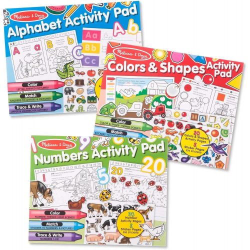  Melissa & Doug Sticker and Coloring Activity Pad 3-Pack  Alphabet, Numbers, Colors and Shapes